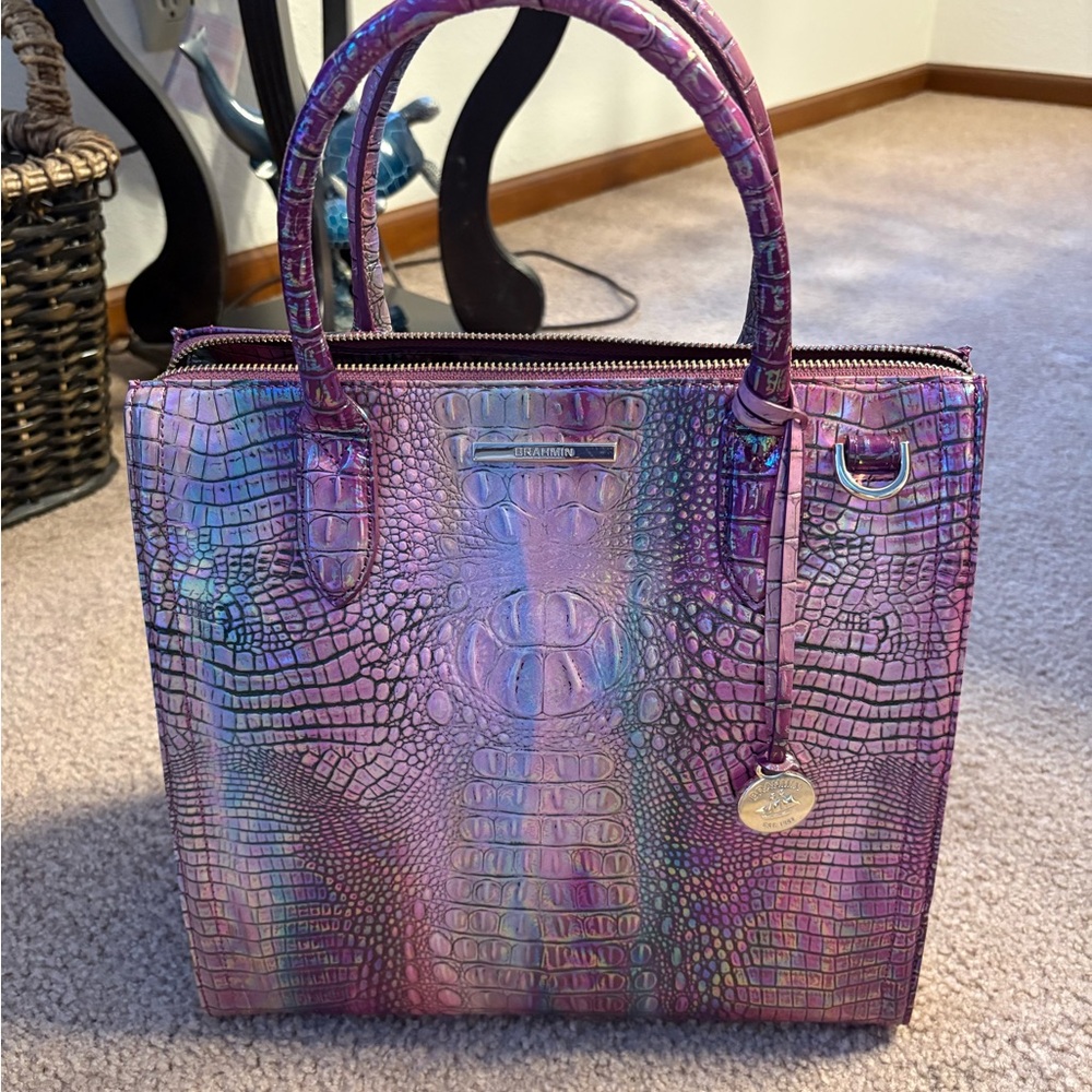 Brahmin Purple and Blue Crocodile Embossed Satchel